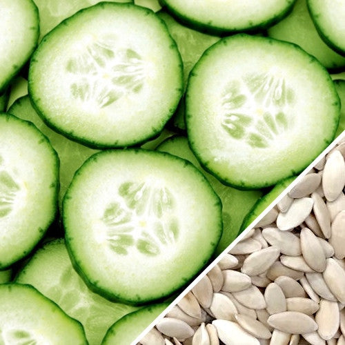Close-up of sliced Marketer cucumber and cucumber seeds for planting
